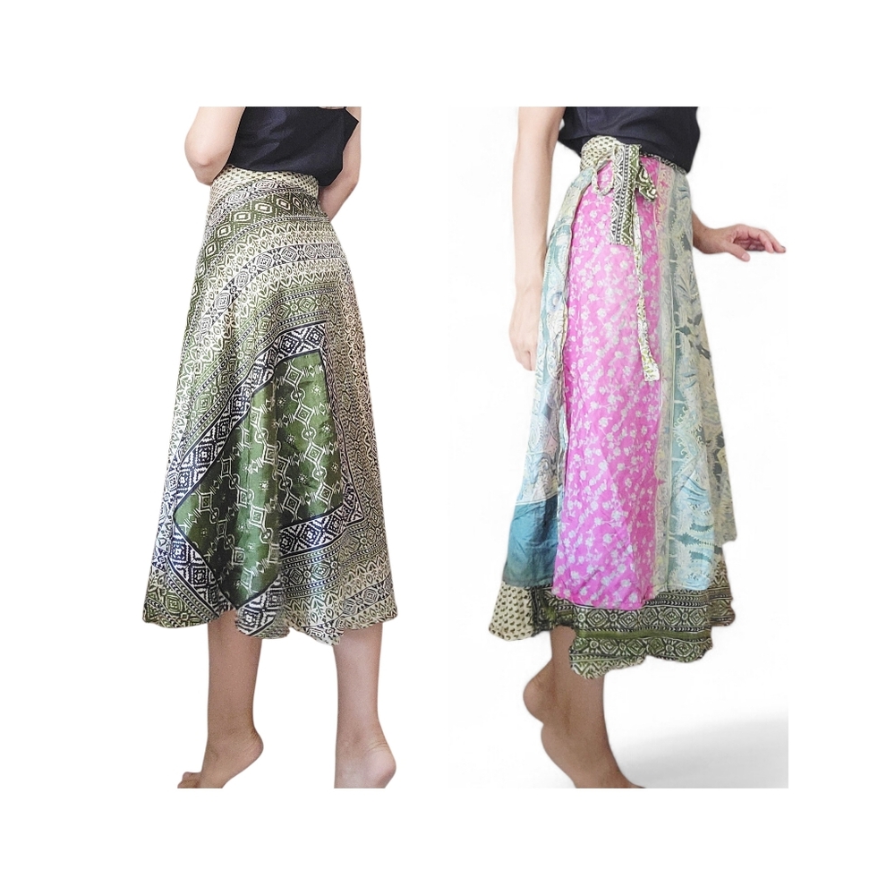 Mixed-Print Silk Wrap Midi Skirt Dress Green & Pink Reversable